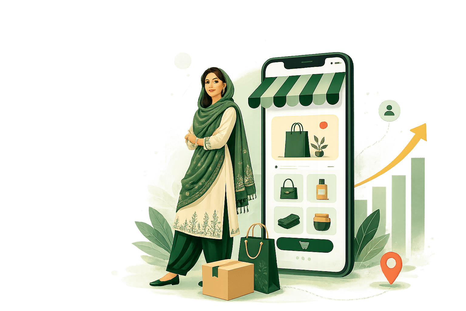 অনলাইন কেনাকাটা ও ব্যবসার ডিজিটাল ইলাস্ট্রেশন
